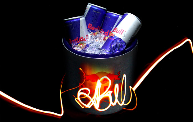 Red Bull can with text fire